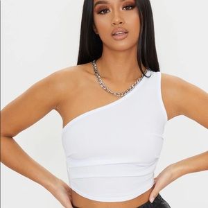 Pretty Little Thing white one shoulder crop top